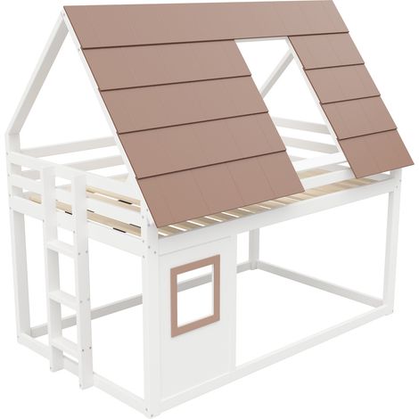Litera casa 140 x 200 cm en MDF y pino, blanco y marrón, con escalera (1/5)