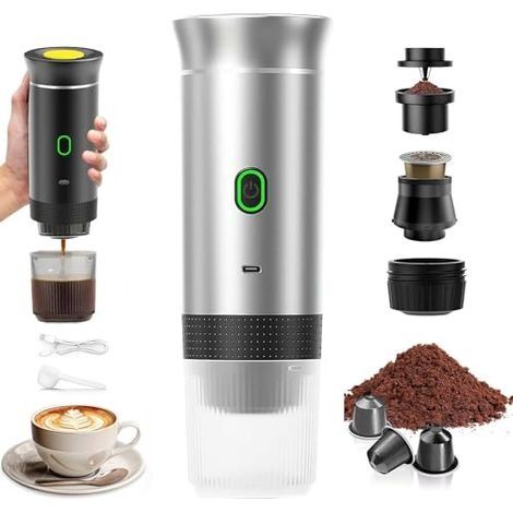 Machine à Café Portable de Voyage, Chauffage Rapide 3 En 1 Cafetiere Portable 12V, Chauffage Rapide, Compatible avec Grandes et Petites Capsules et Café Moulu, Pour Voyage (Argenté) (1/5)