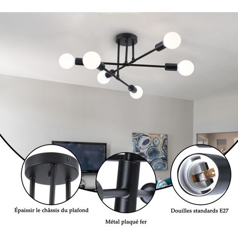6 Lumières E27 Plafonnier Lampe de Plafond en Métal Vintage Industrielle pour Cuisine Chambre Salon Noir (1/5)