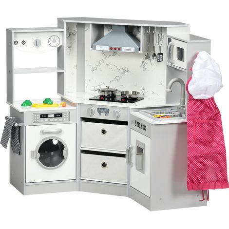 Cuisine enfant en bois gris blanc – 17 accessoires légumes plastique, boutons lumineux, toque – Jeu d’imitation 3-6 ans