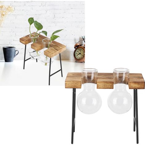 Kleiner Hocker, hölzerner Tischständer, Glasvase für Hydrokultur, Holzständer, Hydrokultur-Schreibtischdekoration, frische und schlichte Schreibtischdekoration, durchsichtige Glaspflanze, Efeutute für (1/5)