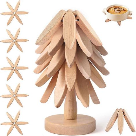 Dessous de plat en bois en forme d'arbre, lot de 5 dessous de plat empilables pour casseroles et poêles (1/5)