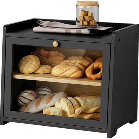 Grande boîte à pain en bois avec panneau en acrylique transparent - Boîte de rangement à pain noire pour le plan de travail, conserve le pain frais (1/5)