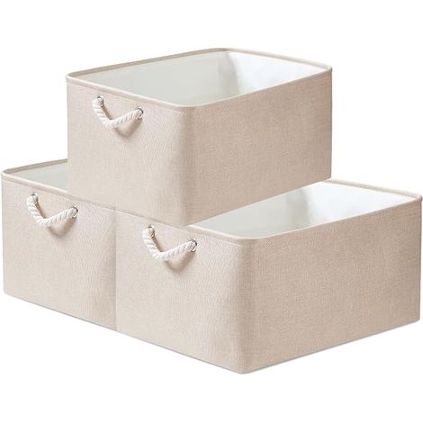 Boîtes de rangement en tissu, 5 Tailles Rectangulaire Panier de rangement dressing, 3 Paquet(Moyen, Kaki clair) (1/4)