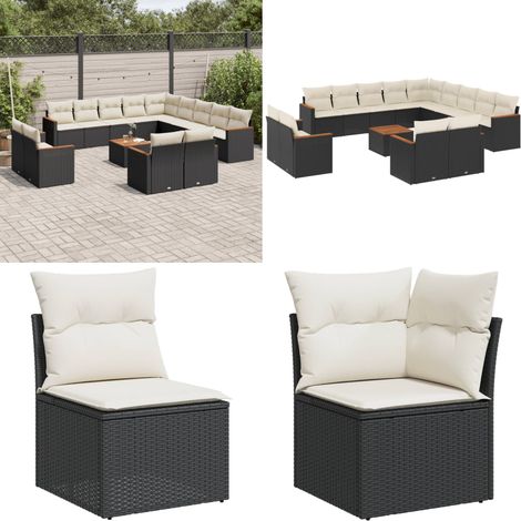 14-tlg. Garten-Sofagarnitur mit Kissen Schwarz Poly Rattan - Gartenmöbel Set - Esszimmergarnitur - Outdoor Lounge - Rattan Gartenmöbel - Balkonmöbel - Home & Living