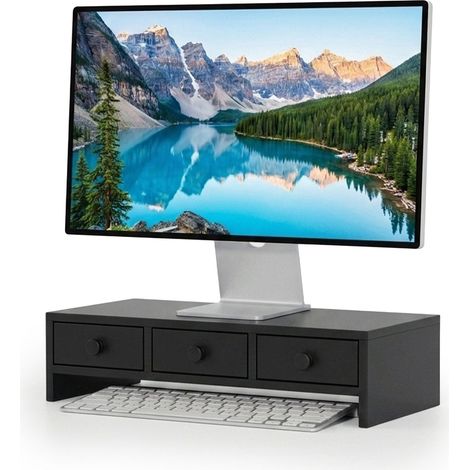 Supporto per monitor con 3 cassetti – MDF nero, portata 10 kg (1/5)