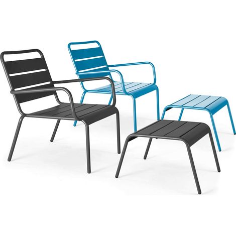 Lot 2 fauteuils relax avec repose-pieds métal gris et bleu pacific - Palavas