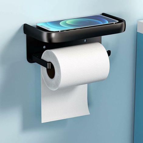 royaluxe - Porte-Papier Toilette sans Perçage en Aluminium, Porte-Rouleau avec étagères Spacieuses, Support de Papier Toilette Auto-adhésif, Porte-Papier Mural pour Salle de Bain, Cuisine (Noir)