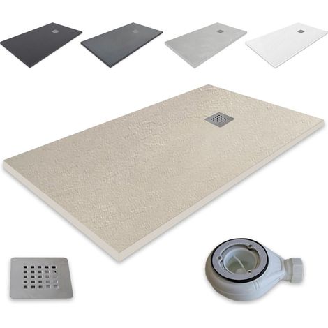 Ultraflache Duschwanne aus Harz Outletaseo® - Rutschfeste Schieferstruktur  -【140x90 cm, BEIGE-1172】 - Inklusive Ablaufventil + Abdeckung (1/4)