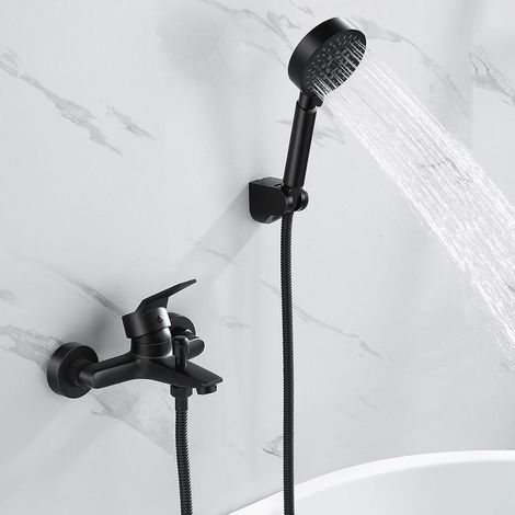 Mitigeur Baignoire, Robinet Baignoire avec Douchette 5 Jets, Robinet Salle Bain Baignoire Mural avec Flexible 1,5m Mitigeur Baignoire Noir (1/5)