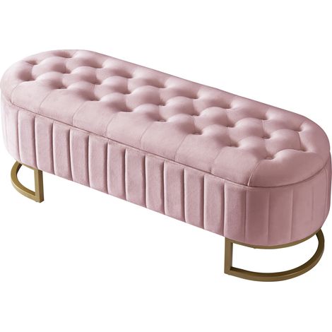 Banquette de rangement rembourrée en velours rose 120 x 40 cm avec coffre de rangement (1/5)