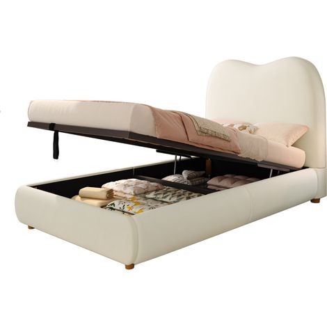 CHICFURN Cama infantil 90x200 cm de terciopelo beige con arcón bajo la cama, somier incluido (1/5)