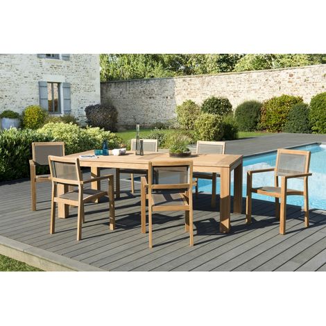 HALICE - SALON DE JARDIN EN BOIS TECK 6/8 pers - 1 Table rectangulaire 220100 cm et 6 fauteuils empilables taupe (1/5)