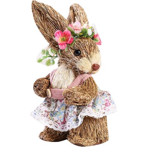 Osterhasen-Ornament aus Stroh, handgefertigt, mit Blumenkranz und Schürze für Puppen.