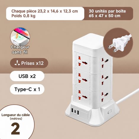 Multiprise tour verticale 3 étages C23 blanche avec charge sans fil USB câble 2 m c23 2 36 12 14,5 × 12,5 × 23,5 cm 800 g – Livraison gratuite
