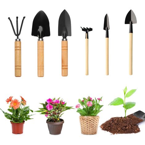 Lot de 6 mini outils de jardin - Mini pelle de jardin - Mini outil de jardin - Mini poignée en bois - Mini pelle à main - Râteau - Outil de jardin pour bonsaï (1/5)