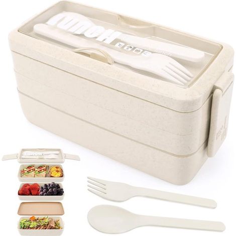 Boîte à lunch bento 3 niveaux 1000 ml, beige, avec couverts, empilable, compatible micro-ondes et lave-vaisselle, pour travail et école (1/5)