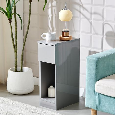 Slim Bedside Table Bedroom Nightstand with Open Shelf & Drawer, Narrow End Table Sofa Side Table for Living Room, Compact Wooden Lamp Table Telephone Table for Home Office, High Gloss Grey (1/5)