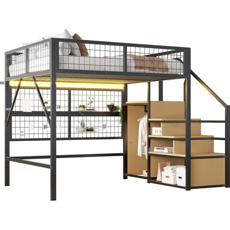 Hochbett 140 x 200 cm, Doppelbett mit LED, Treppe mit Stauraum und Kleiderschrank, ohne Matratze (1/5)