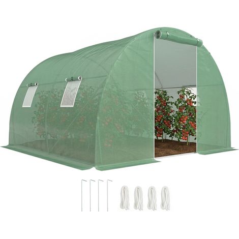 Serre de jardin tunnel 9 m² 4 fenêtres, porte zippée enroulable châssis acier galvanisé, bâche PE 3 x 3 x 2 m vert (1/5)