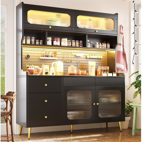 Credenza alta LED 145 x 39 x 171 cm con anta ribaltabile, cassetti e vetri, nero DESVIAE (1/5)