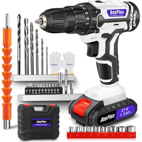 Perceuse Visseuse Sans Fil, 21V VisseuseDevisseuse avec Batterie, 45Nm PerceusePercussion, 25+1 Reglages de Couple, 10mmMetal Mandrin Verrouillage, 2 Vitesses, 29Accessoires, LED Light