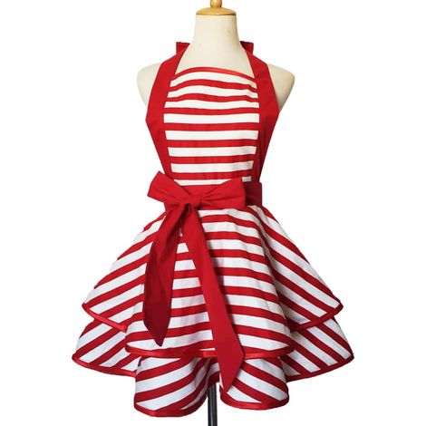 Tablier de cuisine à rayures rouges - Double volants en coton - Tablier tendance pour femme - Rouge et blanc (1/5)