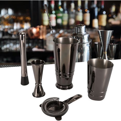 5-teiliges Set aus schwarzem Edelstahl: Boston Cocktailshaker, Messbecher, Sieb, Rührlöffel (1/5)