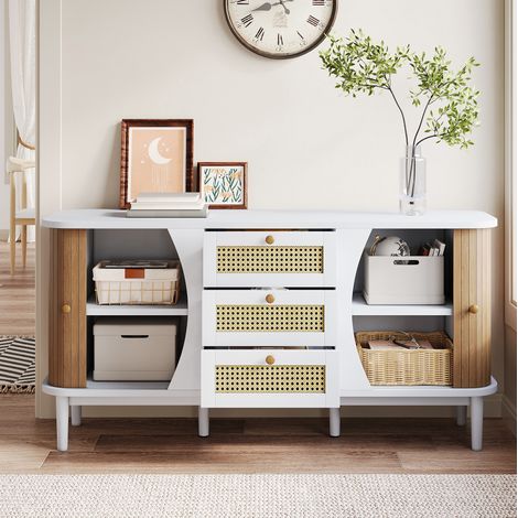 Buffet 140.5x40x76 cm blanc et bois en MDF et panneaux de particules avec 3 tiroirs en cannage (1/5)