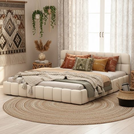 Letto matrimoniale 140x200 cm in tessuto di lino, testiera morbida e giroletto imbottito, rete a doghe in legno inclusa - Beige
