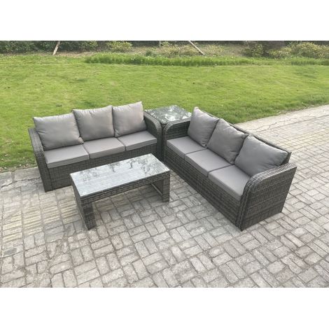 Fimous 6 Seater Outdoor Rattan Garden Furniture Set with Patio Lounge Sofa Set with Rectangular Coffee Table Side Table Dark Grey Mixed (1/5)