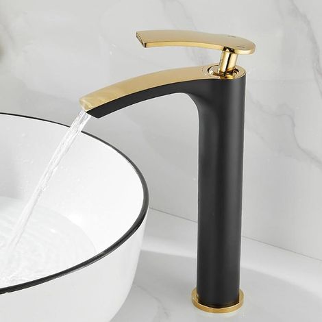 Black and gold waterfall faucet for washbasin, modern design hot and cold bathroom mixer tap (1/5)