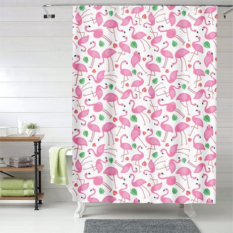 Rideau de douche flamant rose décor tropical chic, polyester, 150x180 cm (1/5)