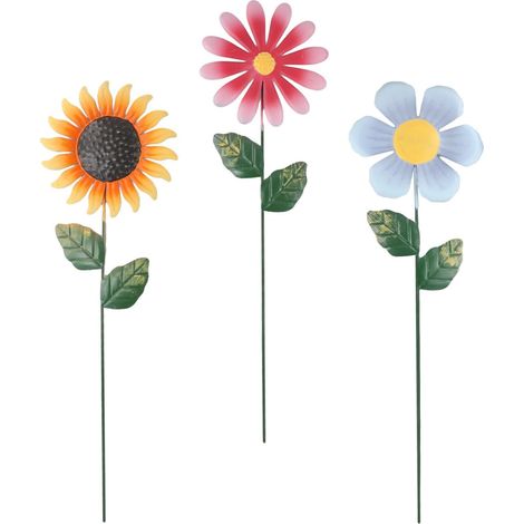 Lot de 3 grands piquets de jardin en forme de tournesol de 48 cm, sculpture de fleur en métal pour l'extérieur, fer résistant à la rouille, piquets décoratifs multicolores pour jardin