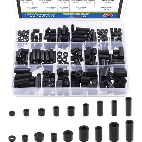 Assortiment de 270 entretoises rondes en nylon pour vis M3 M4 M5 M6, entretoises de vis de sortie électrique, rondelles rondes en ABS noir, quincaillerie pour vis électriques, interrupteur et (1/5)