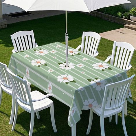 Nappe Rectangulaire avec Trou de Parasol et Fermeture éclair pour Table de Jardin, Floral Mignon 3D Nappe Imperméable Antitache Terrasse Fête Barbecue (Rayures Vertes,210x150cm) (1/5)