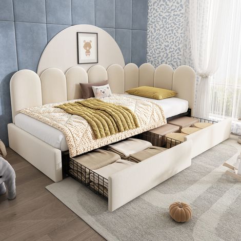 Lit banquette en velours beige 90x200 cm avec 2 tiroirs de rangement et sommier à lattes inclus (1/5)