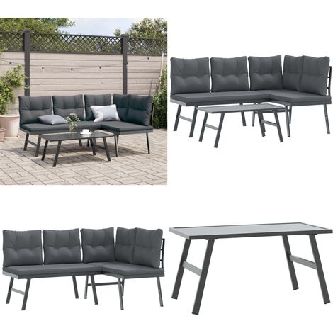 3-tlg. Garten-Sitzgruppe mit Kissen Schwarz Stahl - Gartengarnitur - Gartenmöbelset - Esszimmer Im Freien - Outdoor Möbel - Balkonmöbel - Home & Living