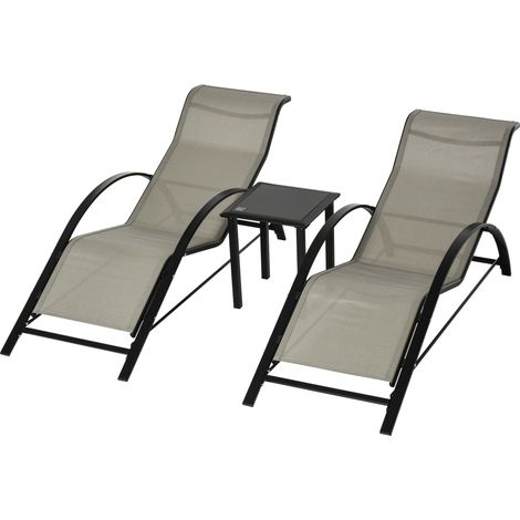 Outsunny Set 2 Sdraio da Giardino e 1 Tavolino con Ripiano in Vetro Grigio
