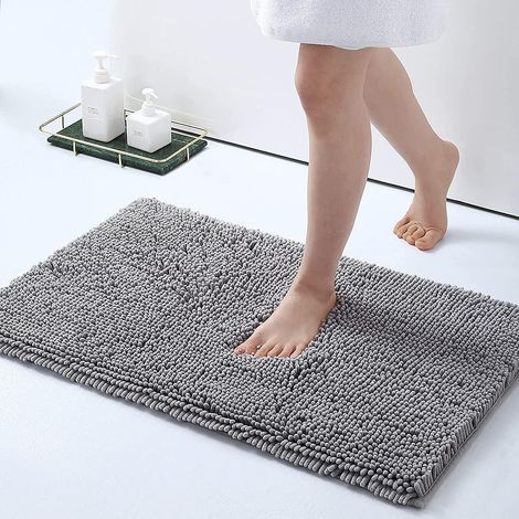 Non-Slip Bath Mat, Soft Chenille Microfiber Bathroom Rug, Absorbent Bath Mat, Machine Washable - 40 x 60 cm, Light Grey (1/5)