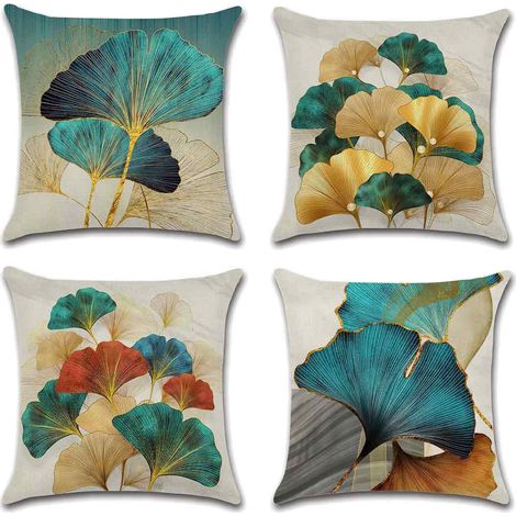Taie Coussin - 45x45 cm - Motif Feuille Ginkgo - Polyester Lin - Déco Scandinave - Lot de 4 (1/5)