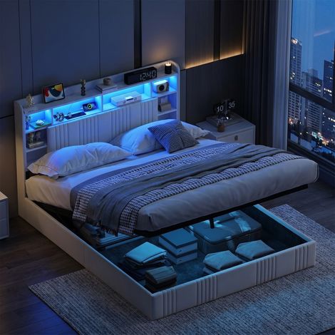 Letto contenitore 160x200 cm - letto matrimoniale per adulti con testiera libreria led e usb - lino moderno - beige (1/5)
