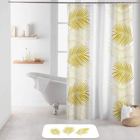 Duschvorhang mit Haken, weiß bedrucktes Polyester, 180 x 200 cm, für Badezimmer (1/4)