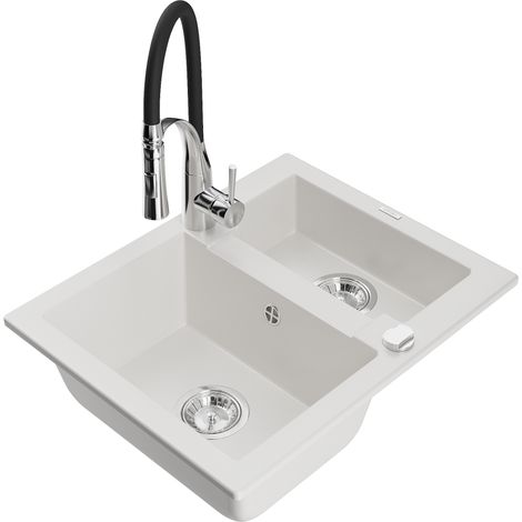 Mexen Carlos évier en granit 1,5 bac avec robinet de cuisine Aster, blanc - 6518-20-73450-07 (1/5)