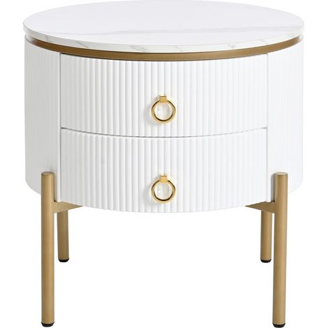 Beistelltisch Rund mit 2 Schubladen, Höhenverstellbaren Füßen, Marmoroptik und Golddetails, aus MDF, Weiß, Ø50×51 cm (1/5)