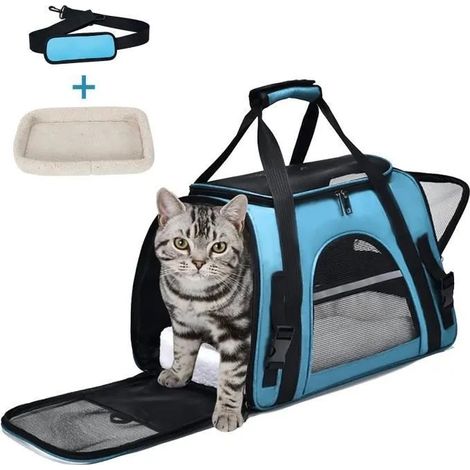 Sac Transport Chat Chien,Respirant et Pliable Caisse De Transport Chat avec Tapis Amovible Doux et Bandoulière-Bleu, pour Voyage (1/4)