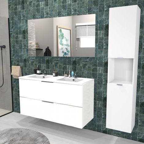 Le Quai Des Affaires – Meuble sous-vasque MALAGA 120 cm – Vasque en résine – Miroir L120 x H70 cm – Colonne 2 portes L35 x H165 cm – Finition laquée blanche
