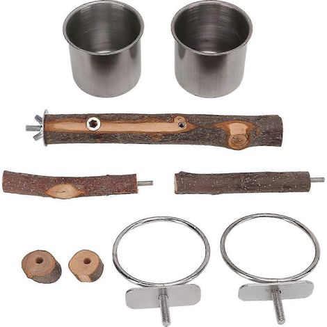 Support en bois pour perroquet avec mangeoire en acier inoxydable, ensemble mangeoire pour cage à oiseaux (1/5)