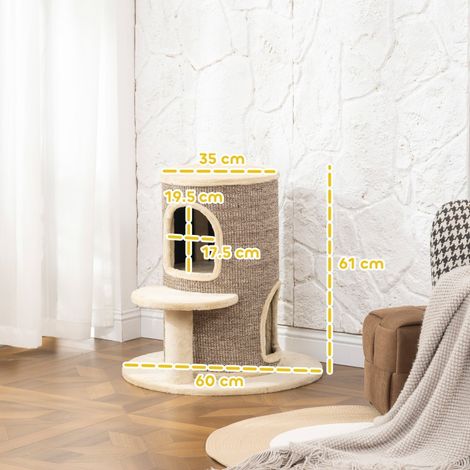 Arbre à chat tonneau 2 niveaux, griffoir intégré, plateforme d'observation, perchoir, tapis à griffer, espace repos et jeu, couleur beige (1/5)