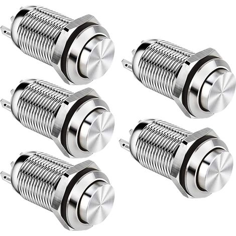 12mm Interrupteur à Bouton Poussoir Momentané étanche en Métal Interrupteurs à Bouton Poussoir SPST NO Interrupteur Momentané 2A 12V/24V/125V/250V 5 Pack(Haute Tête) (1/4)